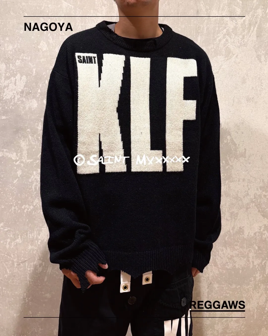 SAINT Mxxxxxx × The KLF KLF_CREW NECK KNIT/BLK KLF joint deconstructed wool sweater, black S-XL, original heel, made of 100% pure wool, natural and warm, wool fabric, dry cleaning or gentle hand washing recommended, completely correct version, customized KLF joint main mark/wash mark, imported special machine embroidery, full three-dimensional, pure hand destruction, deconstructed and shredded